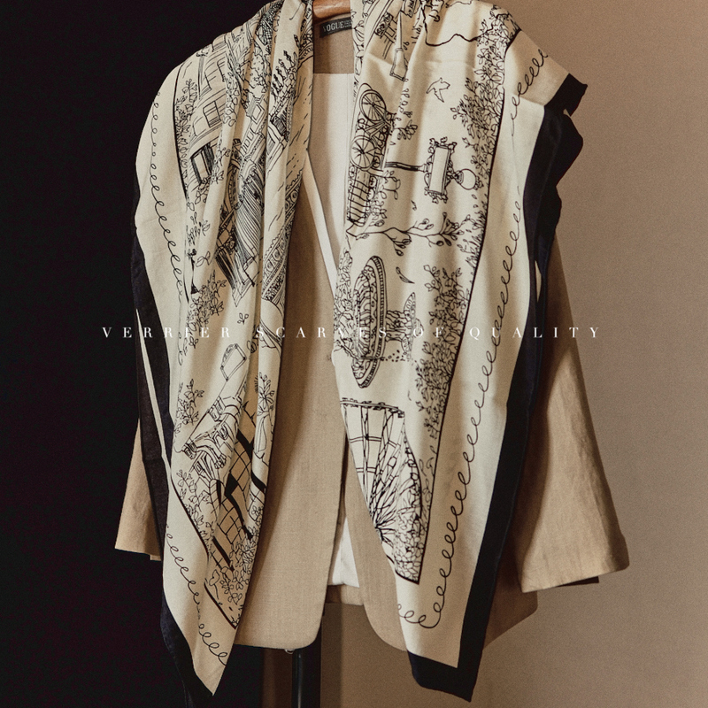 Paris Street Scene Old Money Style Silk Wool Scarf for Women Autumn and Winter Large Square Scarf Air-Conditioned Room Shawl Dual-Use 140cm