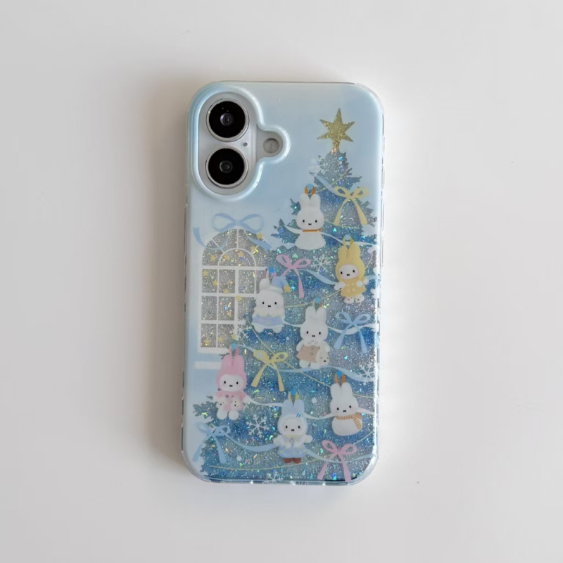 Blue Miffy Christmas Tree Suitable for Apple 17Promax Glue-On Glitter Phone Case 16Plus Niche Creative Iphone16/15/14/13Pro Anti-Fall 11/12Pro Women's Phone Case