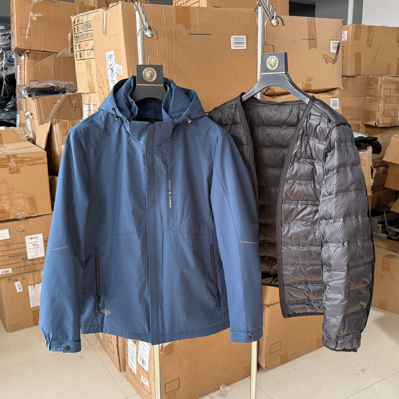 One Garment, Multiple Wears! Removable Inner Liner and Hood! Men's Blue Lightweight down Jacket with Cut-Out Logo, Warm Outerwear