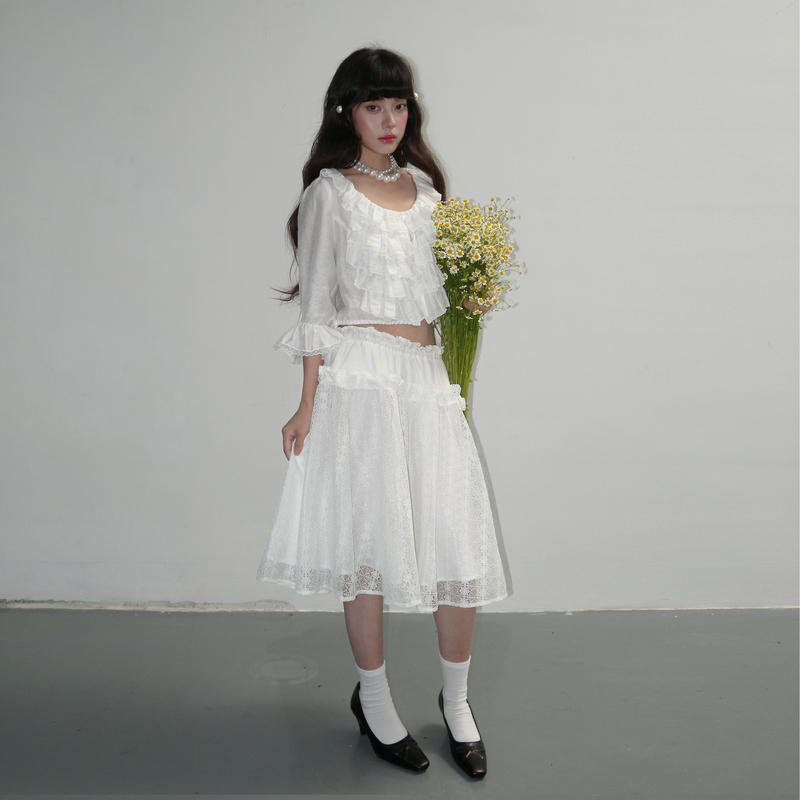 Piapino Original Design Tencel Linen Lace Splicing Retro Palace-Style White Ruffle Set