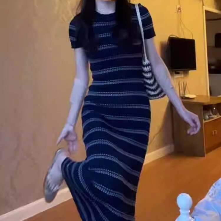 French-Style High-End Striped Knit Dress, Summer Women's Clothing 2025 New Early Autumn Lazy Style Waist-Cinching Long Dress