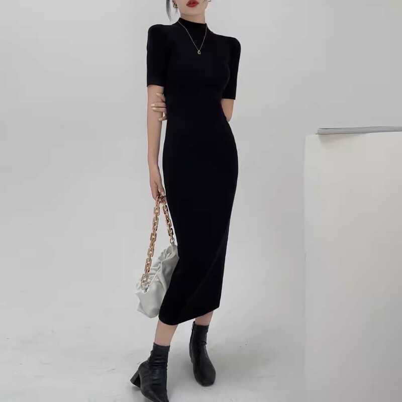 Black Dress for Women, Autumn Half-High Collar, Long Slim-Fitting Little Black Dress, Spring and Autumn Inner Layer, Body-Hugging Knitted Long Skirt