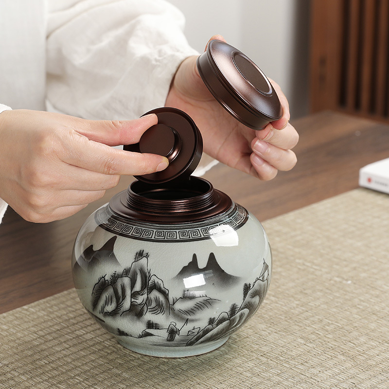 Glaze Color Ceramic Tea Can Medium Ge Kiln Open Piece Landscape Alloy Metal Lid Double-Layer Sealed Can Tea Storage Can Glaze Color Ceramic Tea Can Medium Ge Kiln Open Piece Landscape Alloy Metal Lid Double-Layer Sealed Can Tea Storage Can