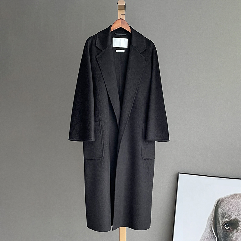 M Brand Double-Sided Water Ripple Cashmere Coat for Women, Ludmilla Mid-Length Black Original Labbro Bathrobe Style Jacket