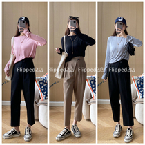 Flipped casual feel full of points ~ South Korea A Plast * itated flap 90% Western pants soft bullet long sleeve tee210803