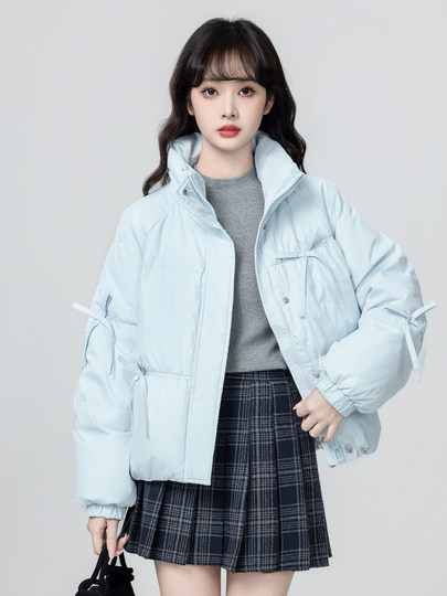 Blue stand collar down jacket for women 2026 winter new white duck down thickened warm bread coat short top