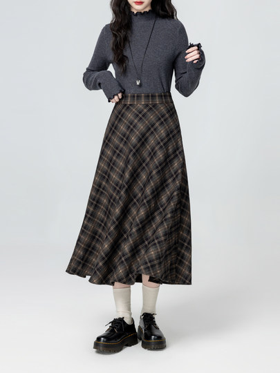 Retro plaid high-waisted skirt for women autumn and winter 2026 new autumn design plaid A-line mid-length skirt