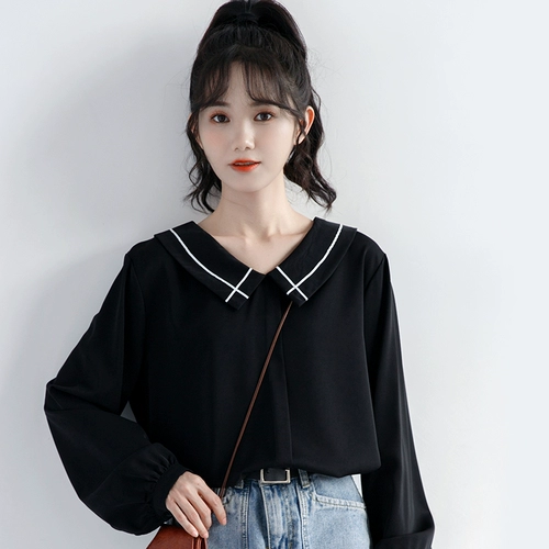 Весенняя кукла, черная шифоновая рубашка для отдыха для школьников, тренд сезона
