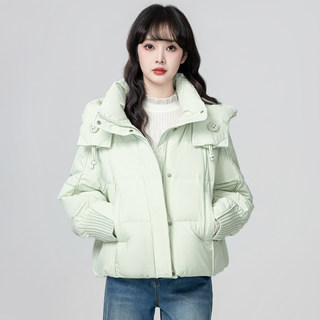 Green Hooded down Jacket for Women, Winter 2026 New Thickened Warm Stand-Up Collar White Duck down Short Coat