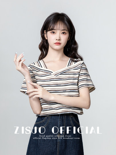V-neck striped short-sleeved T-shirt for women 2025 summer new loose and irregular design right shoulder T-shirt slimming top