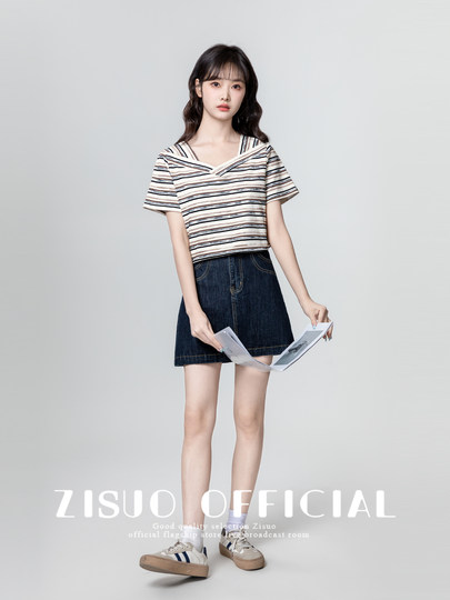 V-neck striped short-sleeved T-shirt for women 2025 summer new loose and irregular design right shoulder T-shirt slimming top