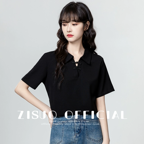 Черная летняя дизайнерская футболка с коротким рукавом, китайский стиль, тренд сезона, воротник поло