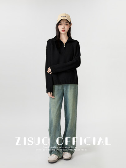 Black Half-Zip Turtleneck Sweater for Women 2024 Autumn and Winter New Design Loose Thickened Knitwear Outerwear