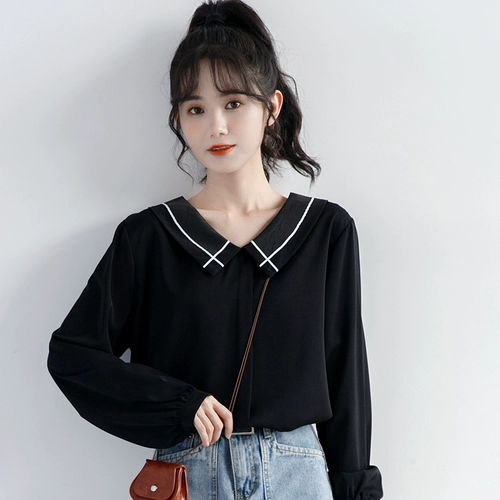 Весенняя кукла, черная шифоновая рубашка для отдыха для школьников, тренд сезона