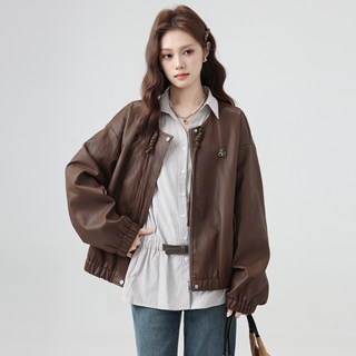 Brown Pu Leather Jacket for Women, Spring and Autumn 2026 New American Retro Loose Biker Jacket Cardigan Top