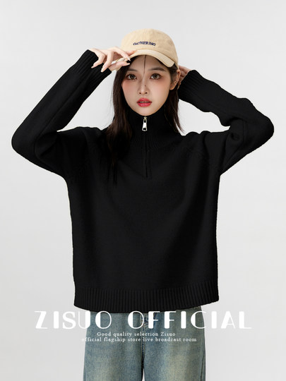 Black Half-Zip Turtleneck Sweater for Women 2024 Autumn and Winter New Design Loose Thickened Knitwear Outerwear