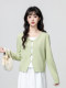 Green Fake Two-Piece Long-Sleeve T-Shirt for Women, Spring and Autumn 2026 New Style, Irregular V-Neck, Can Be Worn Inside or Outside, Short Top