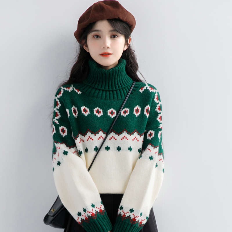 2026 Winter New Green Christmas Turtleneck Sweater for Women, Thickened Lazy Style Knitted Base Shirt, Fashionable 2026 Winter New Green Christmas Turtleneck Sweater for Women, Thickened Lazy Style Knitted Base Shirt, Fashionable