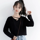 Осенний черный приятный телу хлопковый лонгслив, V-образный вырез, высокий воротник, в корейском стиле