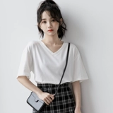 Белая однотонная короткая хлопковая футболка для школьников, коллекция 2023, V-образный вырез, в корейском стиле, короткий рукав