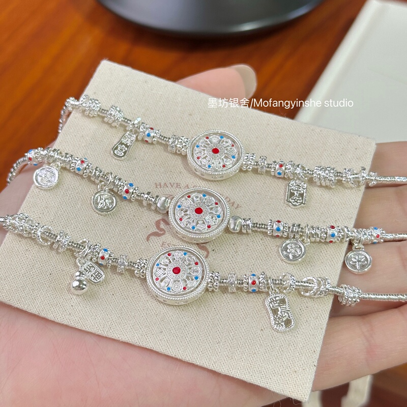 999 Pure Silver Rotatable Enamel Eight-Treasure Compass Bracelet, Peace, Joy, Fortune, and Prosperity, Twisted Silver Pure Silver Bracelet