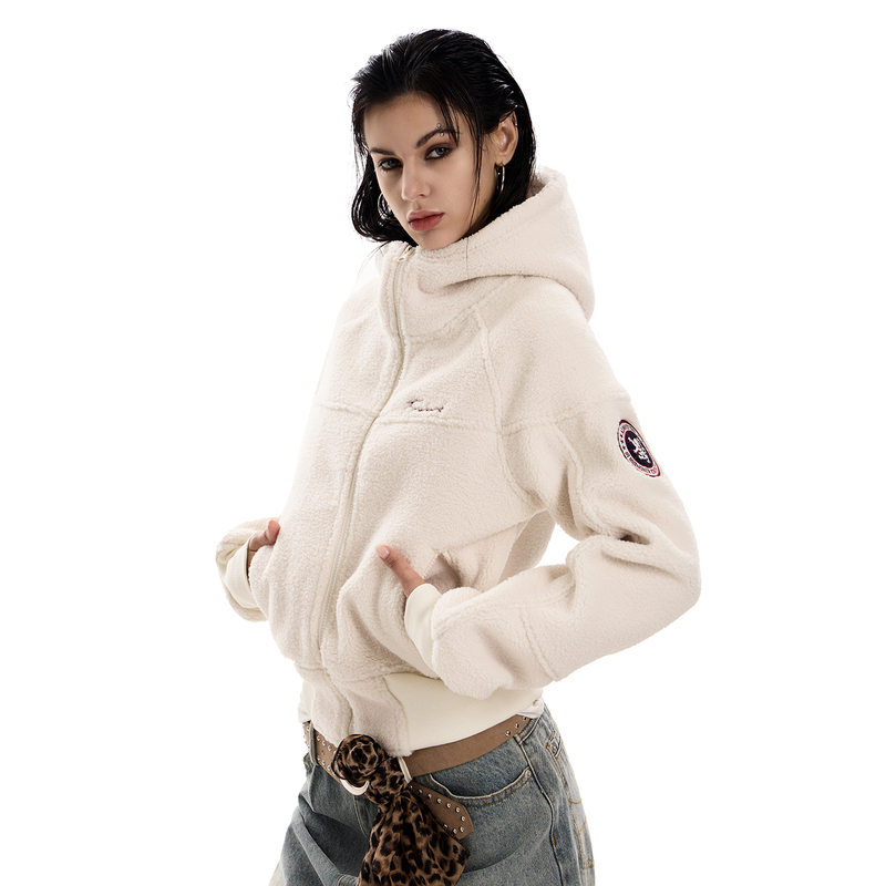 0123Start Retro Lamb Wool Short Jacket for Women, Loose and Lazy Style, American-Style Thickened Hooded Top for Autumn and Winter