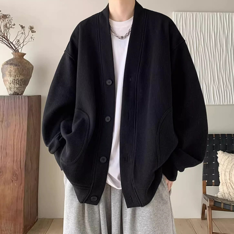 Pure Black Japanese Style Casual Jacket for Men, Trendy High-End Waffle Knit V-Neck Cardigan, Couple's Spring and Autumn Jacket