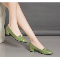 Single Shoe Woman Coarse Heel 2023 Summer New Work Commute Small Leather Shoes Woman Han Edition Fashion Casual Paint Leather Shallow Mouth Shoes