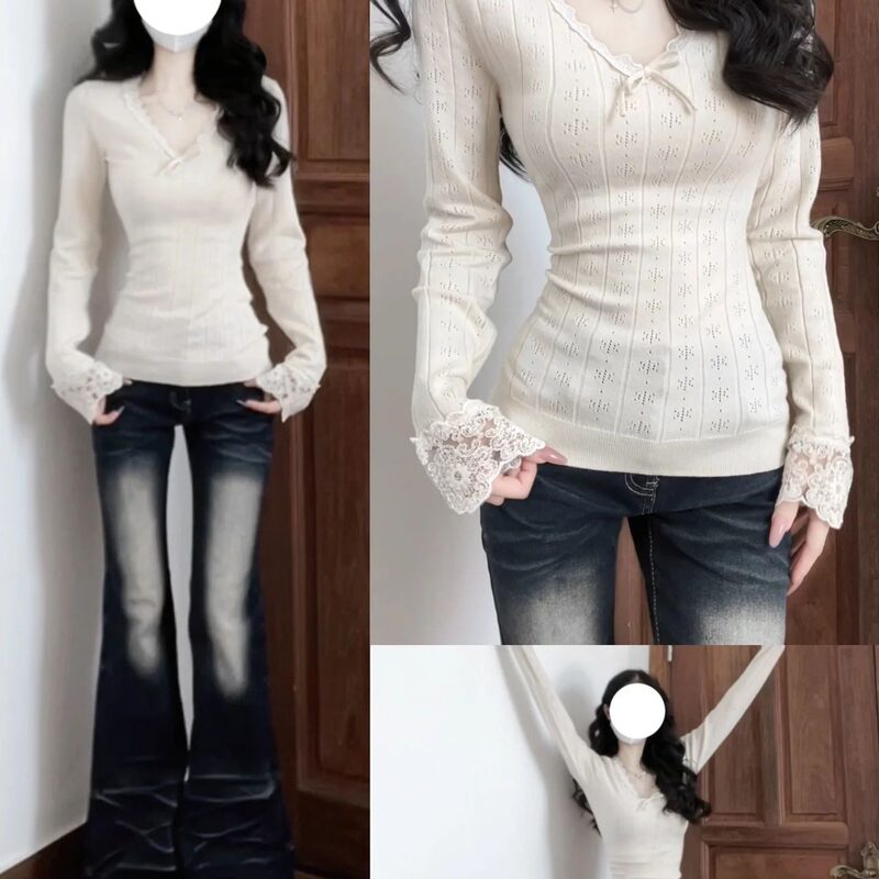 Lace-Trimmed Knit Sweater for Women, Autumn and Winter Wear, Lace Inner Top, Korean Style V-Neck, Slim Fit, Long-Sleeved Sweater Lace-Trimmed Knit Sweater for Women, Autumn and Winter Wear, Lace Inner Top, Korean Style V-Neck, Slim Fit, Long-Sleeved Sweater