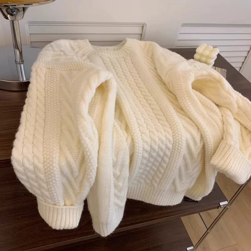 Korean-Style High-End Soft White Cable Knit Sweater for Women, Autumn and Winter, Thickened, Loose, Lazy Style, Fluffy Pullover Top Korean-Style High-End Soft White Cable Knit Sweater for Women, Autumn and Winter, Thickened, Loose, Lazy Style, Fluffy Pullover Top