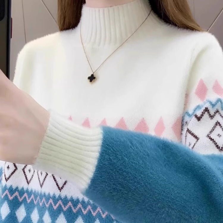 Trendy Striped Sweater for Women, Autumn and Winter 2026 New Style, Color-Blocked Mink Velvet Top, Half-High Collar Knitted Base Shirt for Students