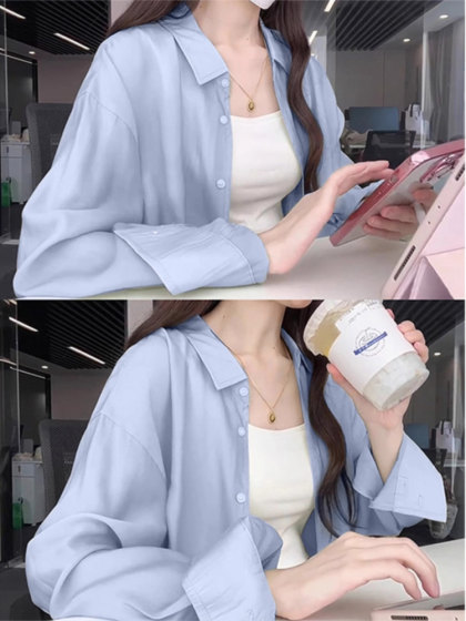 French-Style Blue Long-Sleeved Shirt for Women, Summer New Popular Style, Loose, Lazy Style, Casual Sun Protection Shirt Jacket
