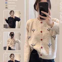 Designed with Heart Button Embroidery, Round-Neck Knitted Cardigan Top, Lazy Style Sweater for Women, Versatile, Slimming, Retro and Trendy