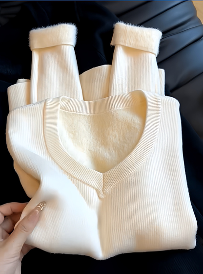 Korean-Style Soft and Cozy V-Neck Knitted One-Piece Sweater for Women, Autumn and Winter Warm Inner Layer, Slim-Fit Knitted Base Shirt Top