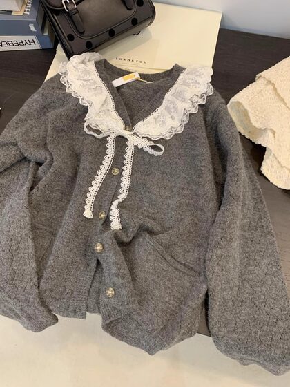 Baby Doll Collar Sweater for Women, Spring and Autumn, Lazy, Cute, Sweet, Lace V-Neck Knitted Cardigan, Japanese Style, Gentle Top