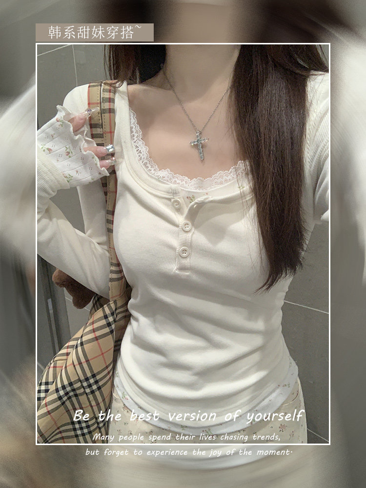 Lace Patchwork U-Neck T-Shirt with Long Sleeves - Taobao product photo 7