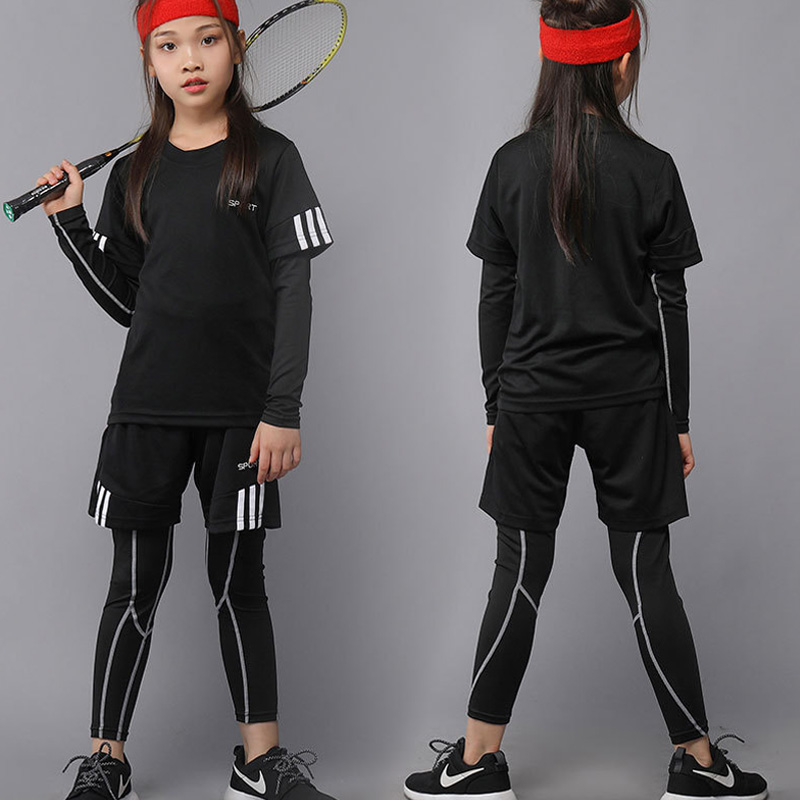 Children's badminton training clothes long sleeves set fall/winter football basketball game sportswear quick-dry plus fleece tights