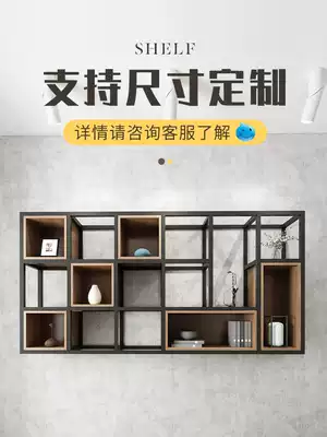 Wrought iron shelf Office display rack Entrance solid wood industrial style screen shelf Living room partition American partition