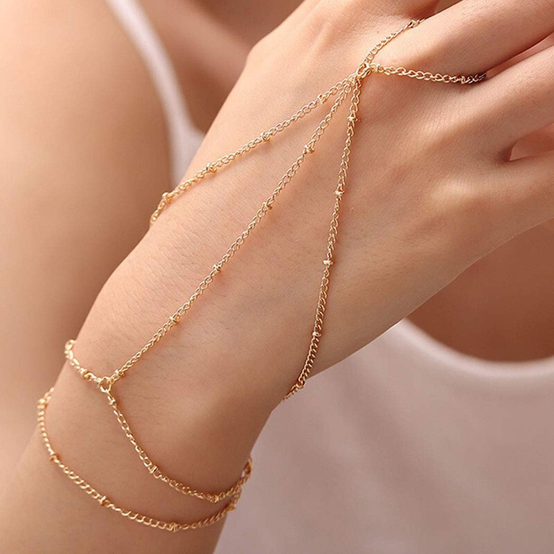 Gold Beaded Ring Bracelet Layered Finger Ring Bracelet Party Jewelry Metal Chain Interlocking Cross Bracelet