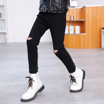 Girls jeans broken hole slim foot pants 2021 Spring and Autumn New Korean version of the big boy foreign ankle-length pants