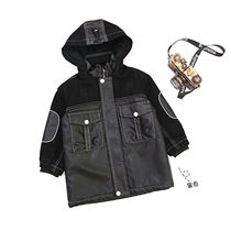 Boy plus velvet thickened winter jacket middle child hooded long leather clothing childrens fashion stitching warm coat
