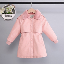 Girls plus velvet leather clothing 2021 Winter new childrens foreign style thick coat small children long coat Korean version