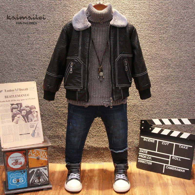 Boy winter clothing jacket plus suede thickened leather clothes Children Korean version Korean version Locomotive Clothes Autumn winter in children's leather jacket tide