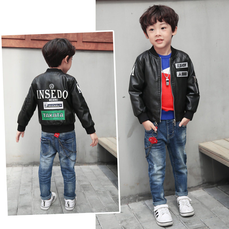 Boy Clothing Boy Leather Clothes Mid-Boy Locomotive Suit 2022 Autumn Winter Clip Cotton Korean Version Children Baseball Suit Leather Jacket Jacket