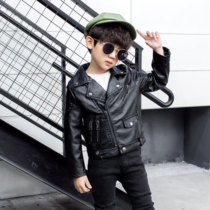 2021 spring new boys leather jacket small and medium children's motorcycle clothes children's Korean version of the foreign style leather jacket top tide