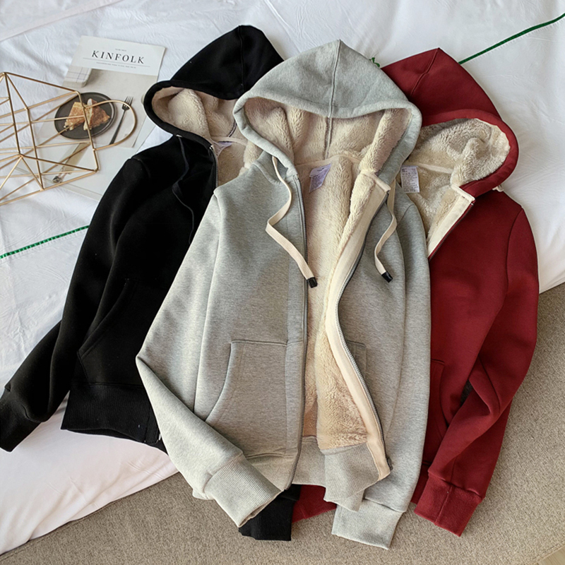 ins Trendy Women's Hoodie, Autumn and Winter, Extra Thick, Fleece-Lined, Loose Cardigan, Zip-Up Jacket, Faux Sherpa Casual Top
