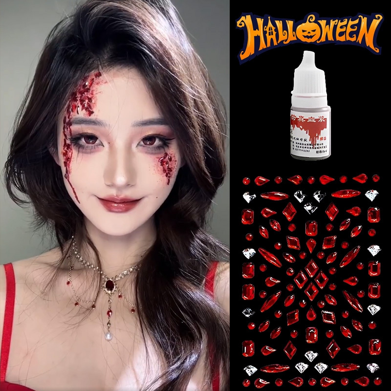 Halloween Stickers Fake Blood Plasma Cosplay Prank Horror Blood Diamond Props Sticker Diamond Makeup Female Bruise Makeup Face Sticker