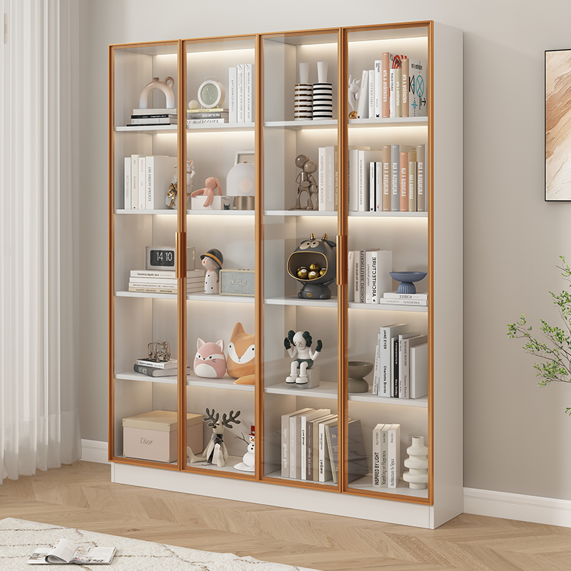 Pine Board Bookcase with Dustproof Glass Door, Children's Toy Storage Display Cabinet, Wall-Mounted Storage Cabinet