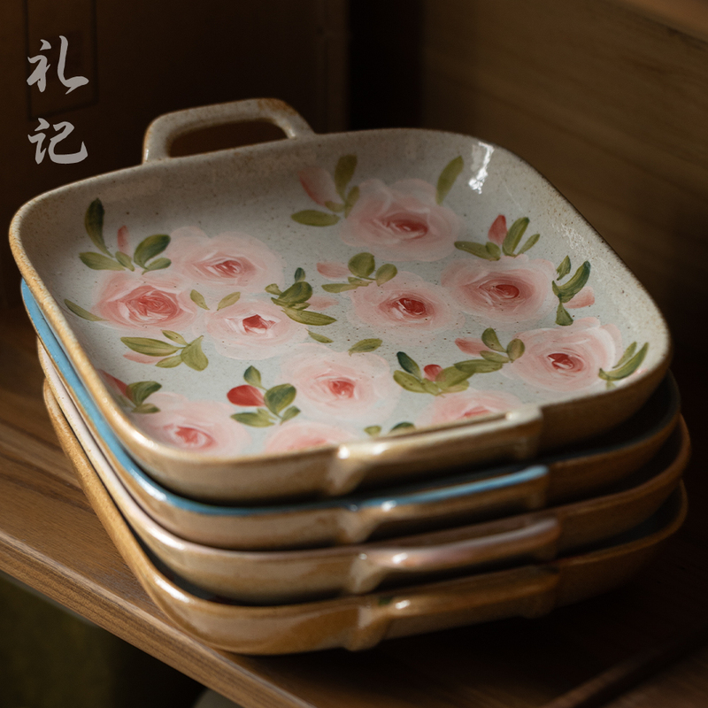 Jingdezhen Li Ji New Chinese Style Hand-Painted Rose Flower Ceramic Square Plate with Handle, Colorful Tableware for Home Use