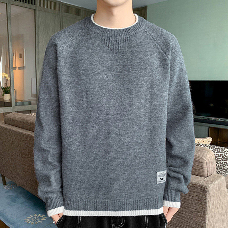 メンズクルーネックセーター、秋冬トレンドブランド、暖かく厚手のベースレイヤー、ゆったりインナーウールセーター、メンズニットウェア